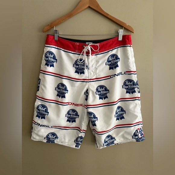 O'Neill White and Blue Pabst Blue Ribbon Logo Board Shorts - Picture 3 of 17